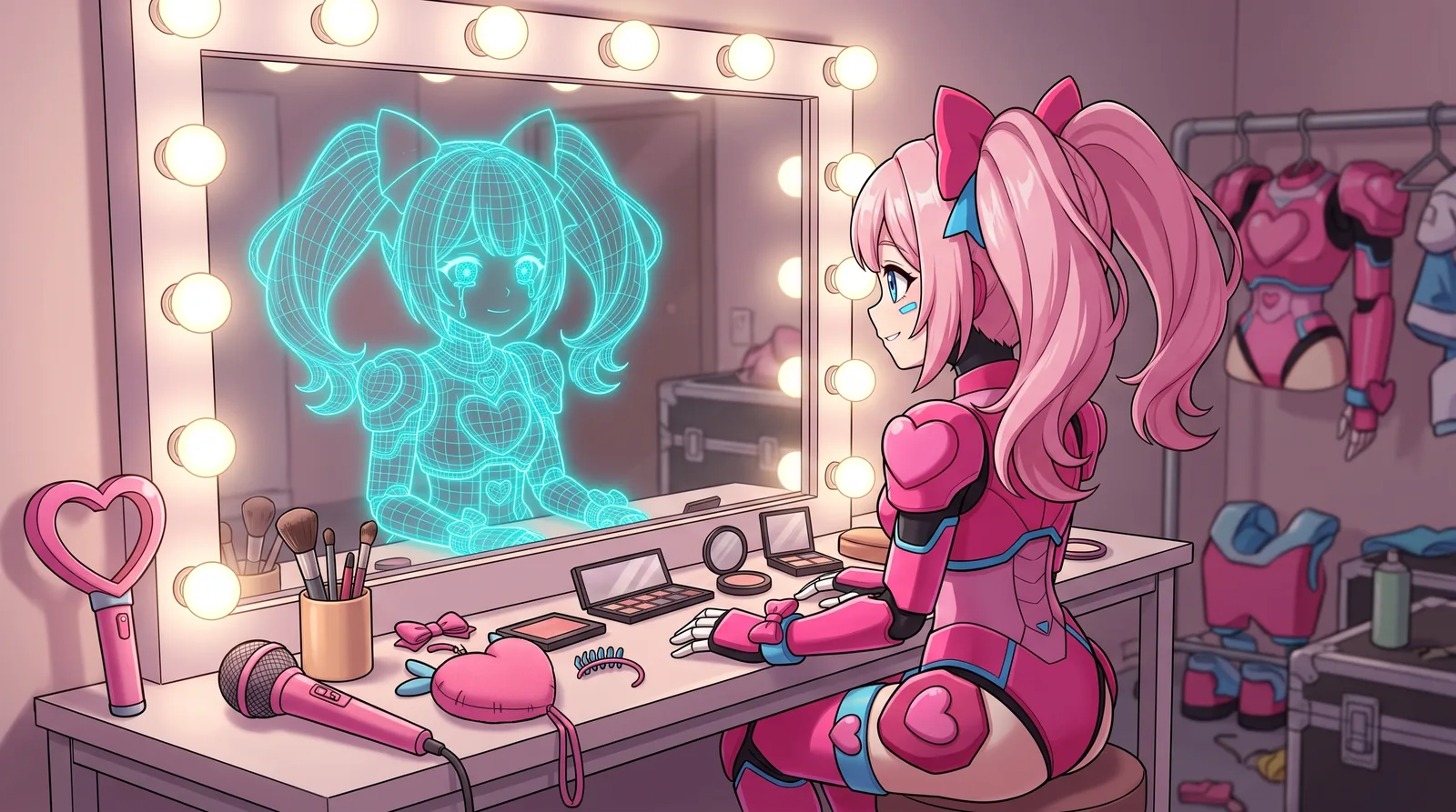 ONE ONE in front of the dressing-room mirror; her reflection shows her robot wireframe