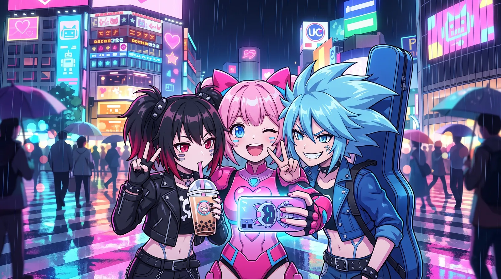 Group selfie of the three at a Tokyo crossing at night
