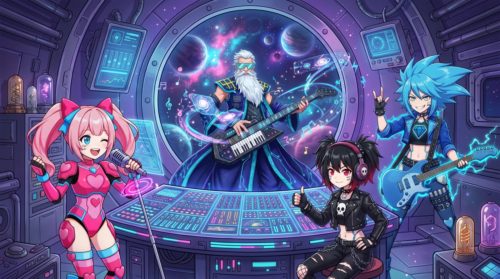 宇宙船スタジオにいるMagical Space Wizardとロボットガールズ