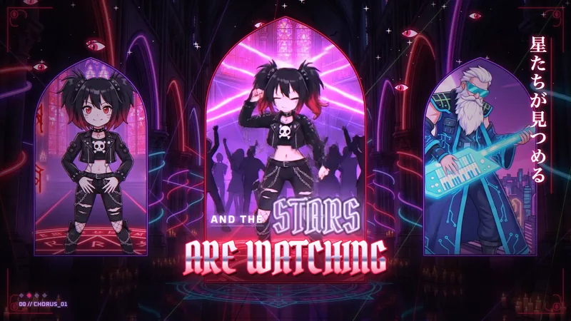 「Dancing with Goth Girls」の場面が映る三つのゴシック窓